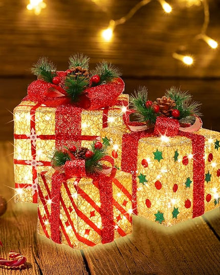 [Large 9.5"x8"x6.5" Christmas Set of 3 Lighted Gift Boxes Decorations Pre-lit 70 Super-Bright LED with Flashers,for Indoor Outdoor Christmas Tree Skirt Ornament Pathway Holiday Party Home GLOWNOVA