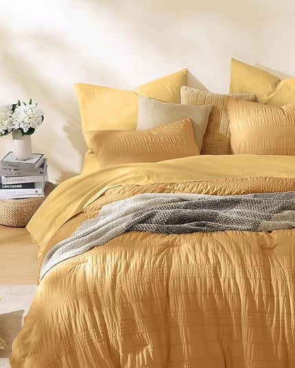 CASAAGUSTO Queen Comforter Set, 7 Pieces Mustard Yellow Seersucker Bed in a Bag Queen Size Soft All Seasons, Bedding Sets with Comforter, Flat Sheet, Fitted Sheet, 2 Pillow Shams, 2 Pillowcases - LeafyLoom