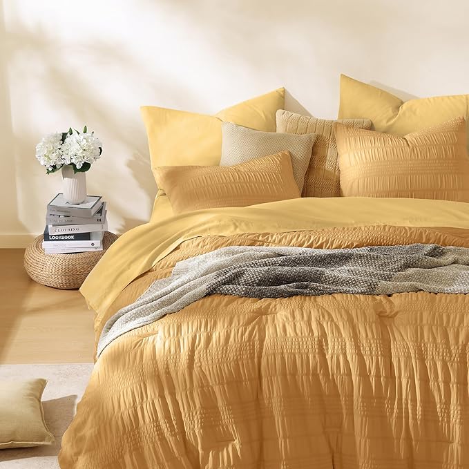 CASAAGUSTO Queen Comforter Set, 7 Pieces Mustard Yellow Seersucker Bed in a Bag Queen Size Soft All Seasons, Bedding Sets with Comforter, Flat Sheet, Fitted Sheet, 2 Pillow Shams, 2 Pillowcases - LeafyLoom