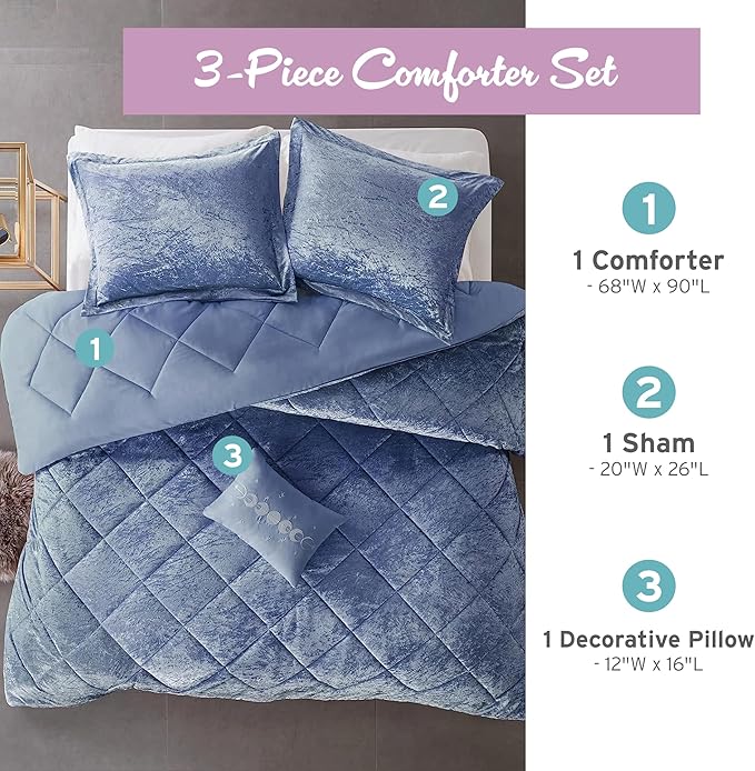 Intelligent Design Twin Comforter Set, Velvet Comforter Set , Luxury Diamond Quilting Comforter Set, Fluffy Comforter Bed Set with Decorative Pillowand 1 Sham, 3 Piece Blue, Twin/Twin XL - LeafyLoom