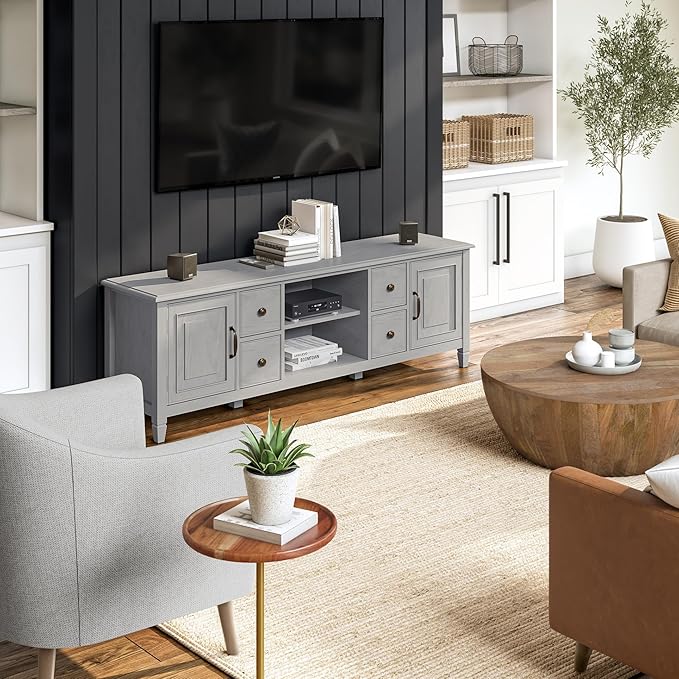 SIMPLIHOME Connaught SOLID WOOD 72 Inch Wide Traditional TV Media Stand in Fog Grey for TVs up to 80 Inches, For the Living Room and Entertainment Center - LeafyLoom