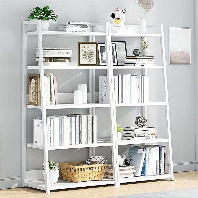 IOTXY 5 Tier Open Bookshelf - Steel and Wood Display Stand, 50CM Width Floor-Standing Bookcase, White - LeafyLoom