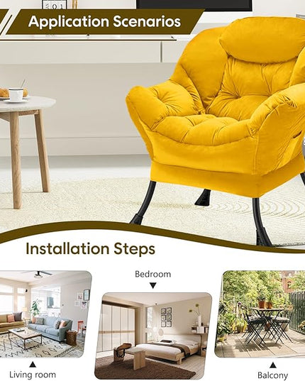 Fabric Lazy Chair Large Accent Chair,Velvet Frabic Modern Lounge Reading Chair with Armrests & Side Pocket,Upholstered Armchair for Living Room,Bedroom,Dorm,Yellow - LeafyLoom
