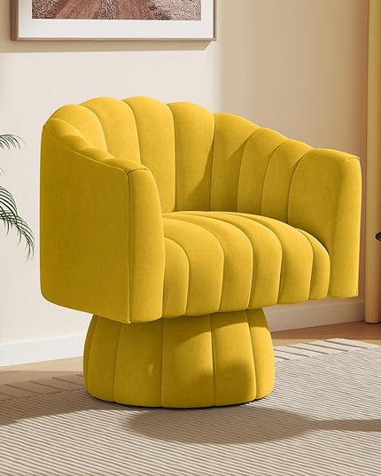 Accent Chair Mid Century 360 Degree Swivel Chair,Modern Lounge Sofa Round Barrel Chair with Wide Upholstered,Fluffy Velvet Fabric Chairs for Home Sofa Living Room/Bedroom/Waiting Room(Yellow) - LeafyLoom