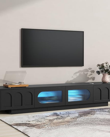Merax TV Stand for Televisions Up to 95'', Functional Media Console with APP-Controlled Smart LED Light, Arched Cabinet Doors and Fluted Glass Doors, Entertainment Center, for Living Room, Black - LeafyLoom
