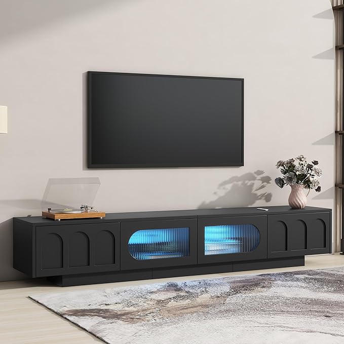 Merax TV Stand for Televisions Up to 95'', Functional Media Console with APP-Controlled Smart LED Light, Arched Cabinet Doors and Fluted Glass Doors, Entertainment Center, for Living Room, Black - LeafyLoom
