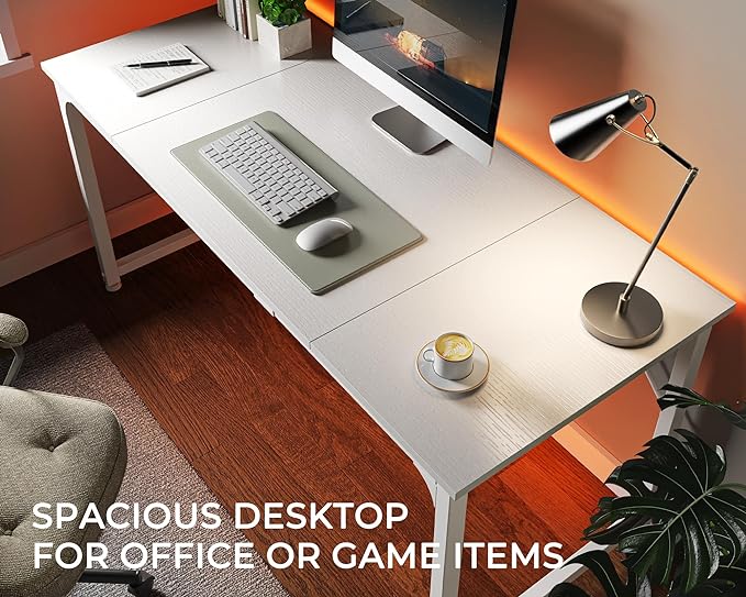 Computer Desk, 63 Inch Office Desk, Gaming Desk with Storage, Writing Desk Work Desk for Home Office, Study, Modern Simple Desk, Large Legroom, Metal Frame, White - LeafyLoom