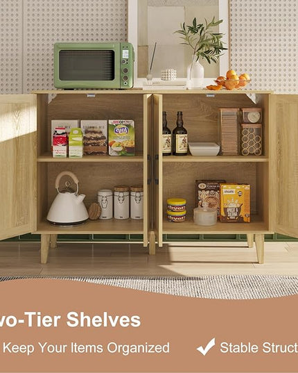 Storage Cabinet with Rattan Trim - 4 Door Sideboard Buffet Cabinet with Storage, Accent Cabinet with Shelves for Bathroom, Coffee Bar, Kitchen, Living Room, Hallway (natural wood) - LeafyLoom