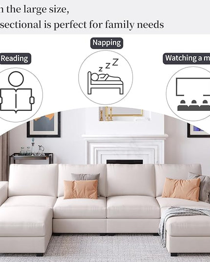 130.7" Large U-Shaped Sectional Sofa w/Removable Ottomans, 3-Pieces Modular Upholstered Couch with Double Chaise Lounge for Living Room Apartment Home Office, Beige, 130.7 Inch - LeafyLoom