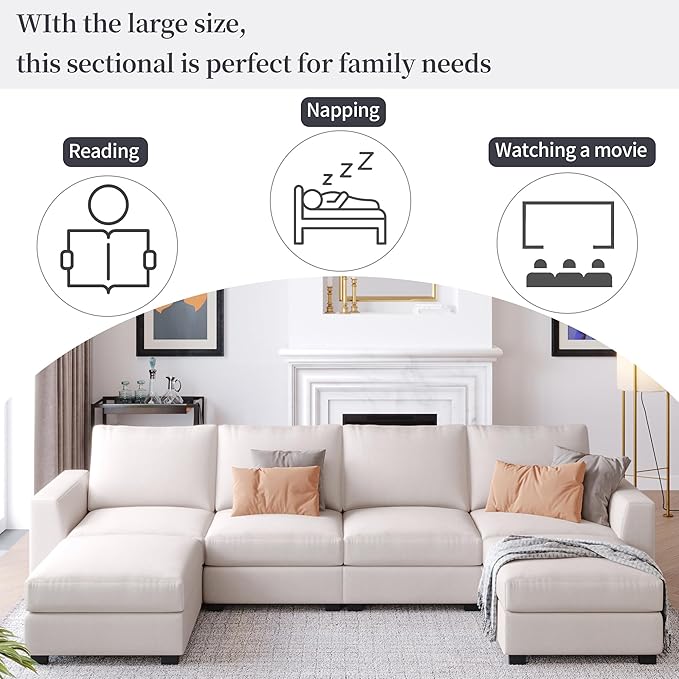 130.7" Large U-Shaped Sectional Sofa w/Removable Ottomans, 3-Pieces Modular Upholstered Couch with Double Chaise Lounge for Living Room Apartment Home Office, Beige, 130.7 Inch - LeafyLoom