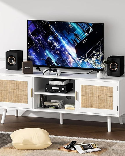 Anmytek Farmhouse Rattan TV Stand for 55 Inches TV Mid Century Modern Entertainment Center with Storage Cabinet Wood Small Media Console for Living Room White H0055 - LeafyLoom