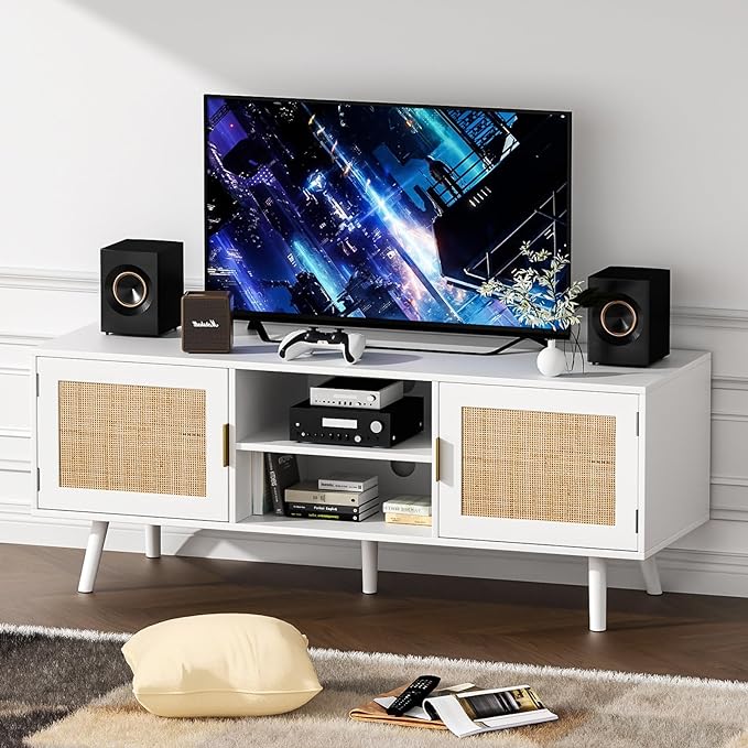 Anmytek Farmhouse Rattan TV Stand for 55 Inches TV Mid Century Modern Entertainment Center with Storage Cabinet Wood Small Media Console for Living Room White H0055 - LeafyLoom
