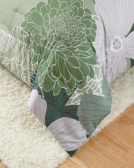 Yiran 7 Pieces Bed in a Bag Green Comforter Set Queen Floral Comforter Soft Microfiber Bedding Set with 1 Comforter 1 Flat Sheet 1 Fitted Sheet 2 Pillowshams and 2 Pillowcases - LeafyLoom