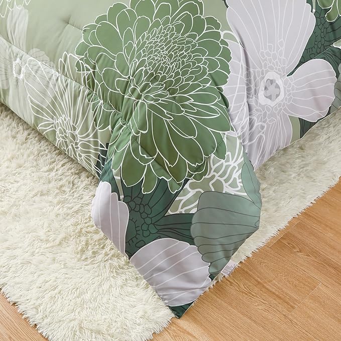 Yiran 7 Pieces Bed in a Bag Green Comforter Set Queen Floral Comforter Soft Microfiber Bedding Set with 1 Comforter 1 Flat Sheet 1 Fitted Sheet 2 Pillowshams and 2 Pillowcases - LeafyLoom