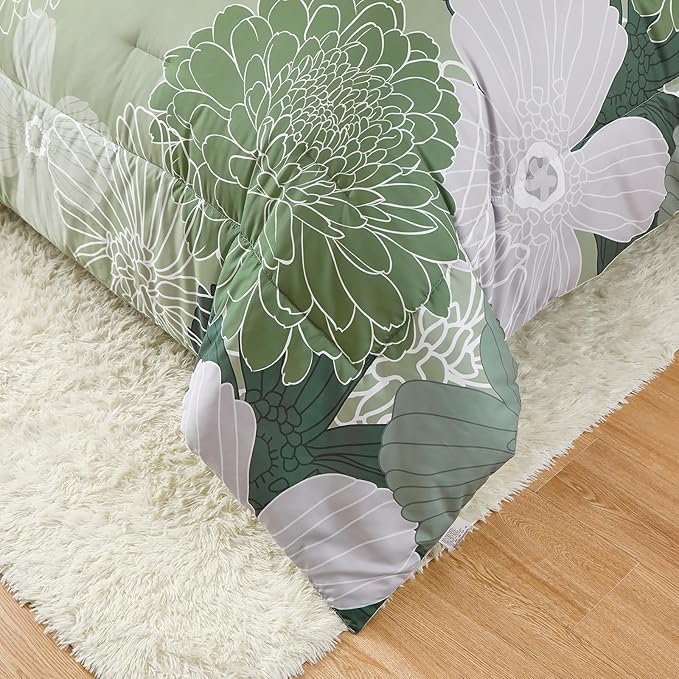Yiran Bed in a Bag Green Comforter 7 Pieces Floral Bedding Set Soft Microfiber King Comforter Sets with 1 Comforter 1 Flat Sheet 1 Fitted Sheet 2 Pillowshams and 2 Pillowcases - LeafyLoom