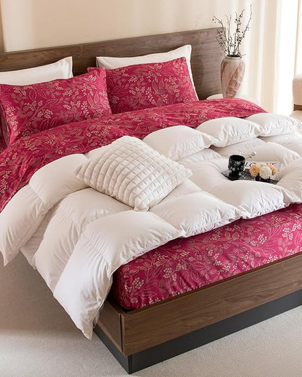 QSH Floral King Size Sheet Sets - 100% Egyptian Cotton Floral Bedding Sheets Red Flower Pattern Botanical Printed Bedding King Size Bed Sheets 17.5" Extra Deep Pocket 4pcs - LeafyLoom