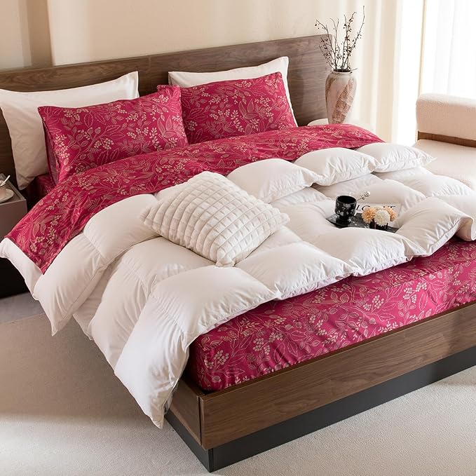 QSH Floral King Size Sheet Sets - 100% Egyptian Cotton Floral Bedding Sheets Red Flower Pattern Botanical Printed Bedding King Size Bed Sheets 17.5" Extra Deep Pocket 4pcs - LeafyLoom