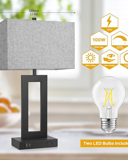 Set of 2 Modern Touch Control Table Lamps with 2 USB Ports, 22’’ Large Bedside Nightstand Lamps 3-Way Dimmable Desk Lamp With Grey Fabric Shade For Bedrooms Living Room Reading, 2 LED Bulbs Included - LeafyLoom