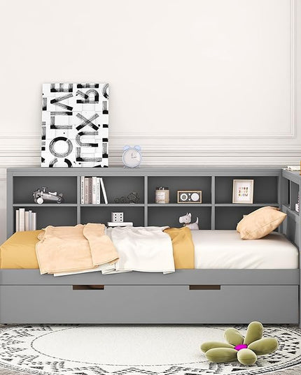 Wooden Twin Size DayBed with L-Shaped Bookcase Headboard and Trundle, Wood Twin Day Bed Frame with Storage Shelf and USB Charging Ports for Living Room Bedroom, Gray - LeafyLoom