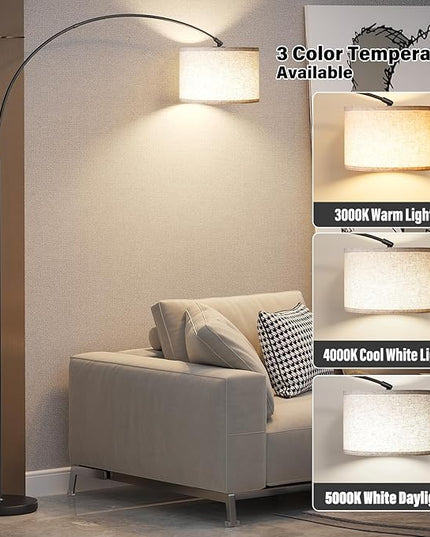 SUNMORY Arc Floor Lamp with 3 Color Temperature,Modern Floor Lamp with 9w A19 LED Bulb,75″Height Tall Lamp for Living Room with Hanging Drum Shade and Weighted Base.Arched Standing Lamp for Bedroom - LeafyLoom