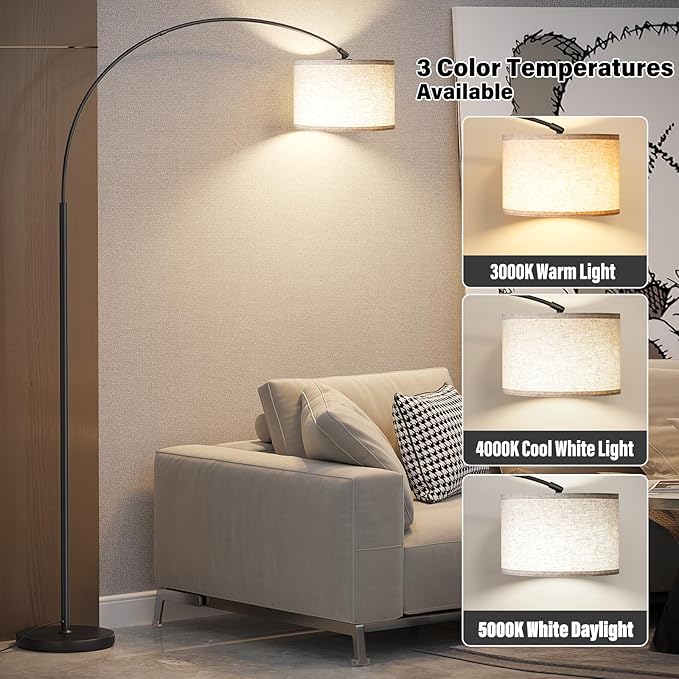 SUNMORY Arc Floor Lamp with 3 Color Temperature,Modern Floor Lamp with 9w A19 LED Bulb,75″Height Tall Lamp for Living Room with Hanging Drum Shade and Weighted Base.Arched Standing Lamp for Bedroom - LeafyLoom