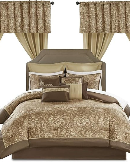 Madison Park Essentials Brystol 24 Piece Room in a Bag Faux Silk Comforter Jacquard Paisley Design Matching Curtains Down Alternative Hypoallergenic All Season Bedding-Set, King(104"x92"), Brown - LeafyLoom