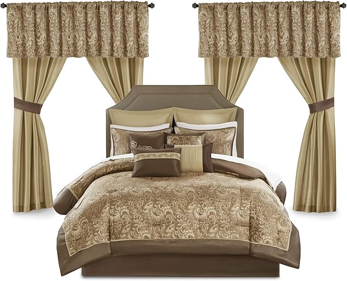 Madison Park Essentials Brystol 24 Piece Room in a Bag Faux Silk Comforter Jacquard Paisley Design Matching Curtains Down Alternative Hypoallergenic All Season Bedding-Set, King(104"x92"), Brown - LeafyLoom