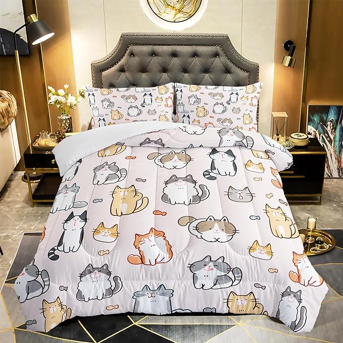 Kids Cute Cat Comforter Set Queen Size 3Pcs Cartoon Pet Cat Fishing Bedding Set Lovely Animal Quilt Bed Set for Children Girls Boys Room Decor - LeafyLoom