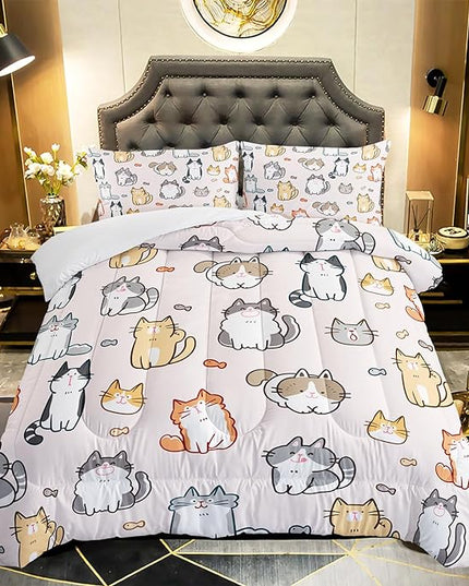 Kids Cute Cat Comforter Set Full Size 3Pcs Cartoon Pet Cat Fishing Bedding Set Lovely Animal Quilt Bed Set for Children Girls Boys Room Decor - LeafyLoom