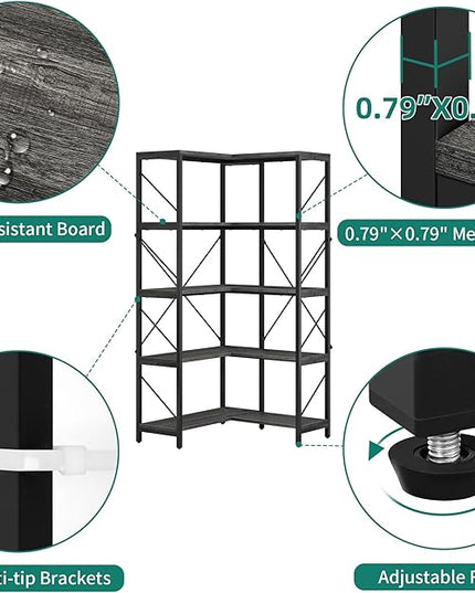 YITAHOME Corner Bookshelf, Industrial Corner Shelf 5 Tier Bookcase, Large Display Rack Storage for Bedroom, Living Room, Home Office,Charcoal Gray + Black - LeafyLoom