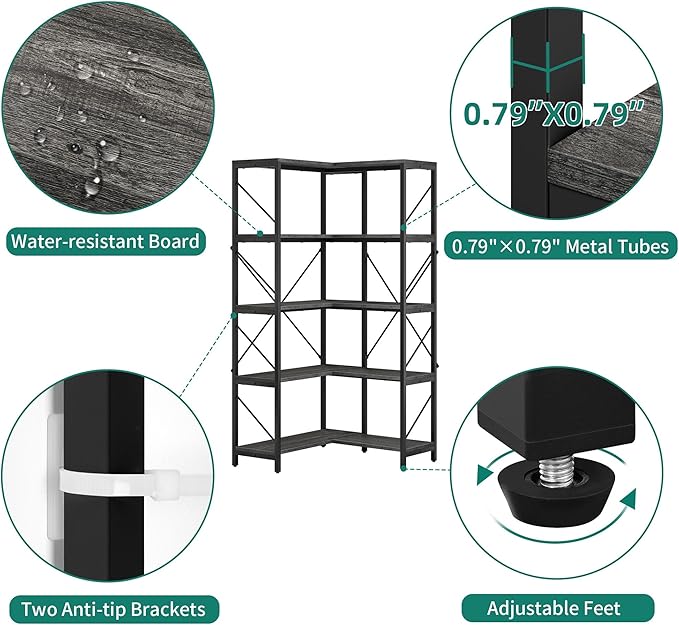 YITAHOME Corner Bookshelf, Industrial Corner Shelf 5 Tier Bookcase, Large Display Rack Storage for Bedroom, Living Room, Home Office,Charcoal Gray + Black - LeafyLoom