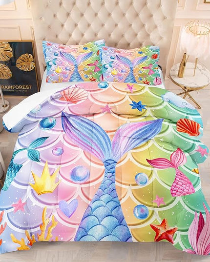 NINENINE Mermaid Tail Bedding Mermaid Comforter Set,Blue Glitter Bedding Full Comforter Sets for girls,Rainbow Scales Bedding Sets with 1Comforter 2Pillowcases - LeafyLoom