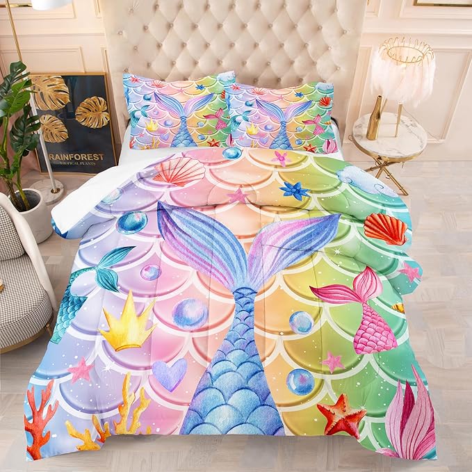 NINENINE Mermaid Tail Bedding Mermaid Comforter Set,Blue Glitter Bedding Full Comforter Sets for girls,Rainbow Scales Bedding Sets with 1Comforter 2Pillowcases - LeafyLoom