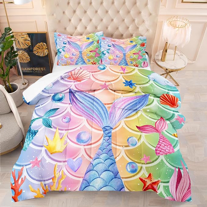 NINENINE Mermaid Tail Bedding Sets,Mermaid Comforter Rainbow Bedding,Twin Comforter Sets for Girls,Blue Glitter Comforter Sets with 1Comforter 1Pillowcase - LeafyLoom
