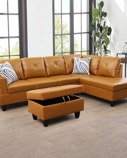 L-Shaped Sectional Couches with 66.5'' Chaise Lounge & Storage Ottoman Modular Room Sofas for Home Office Apartment, Large Living Furniture, 97'' Right Hand Facing, Ginger Faux Leather - LeafyLoom