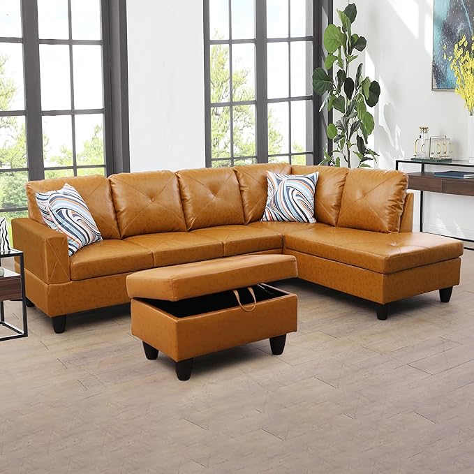 L-Shaped Sectional Couches with 66.5'' Chaise Lounge & Storage Ottoman Modular Room Sofas for Home Office Apartment, Large Living Furniture, 97'' Right Hand Facing, Ginger Faux Leather - LeafyLoom