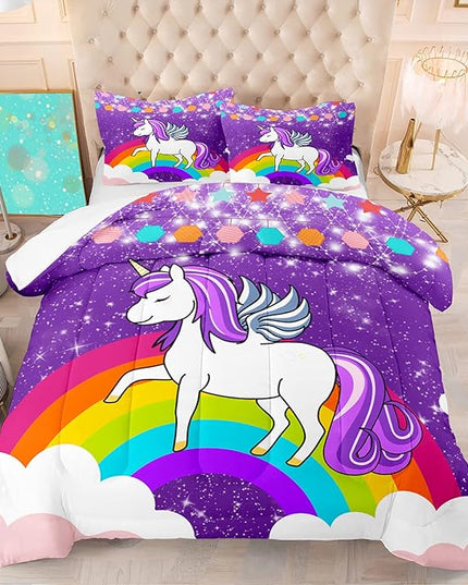 Unicorn Girls Full Size Bedding Sets Cartoon Unicorn Comforter Kids Bedding Set Cute Rainbow Unicorn Print Full Size Bedding Unicorn Kawaii Comforter Set, Purple, 1 Comforter+2 Pillowcases - LeafyLoom