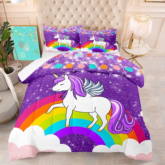 Girls Unicorn Comforter Sets Queen Comforter Set for Girls Unicorn Bedding Sets Queen Cartoon Unicorn Print Comforter Sets Girls Bedding Room Decor, Purple, 1 Comforter+2 Pillowcases - LeafyLoom
