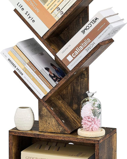 Hoctieon 3 Tier Tree Bookshelf, Small Bookcase with Drawer, Desktop Book Shelf, Display Floor Standing Storage Shelf, Book Organizer Shelves for Home Office, Rustic Brown - LeafyLoom