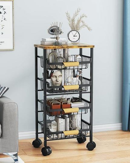 Wisdom Star 5 Tier Fruit Basket for Kitchen, Vegetable Storage Cart with Wooden Tabletop, Vegetable Basket Bins for Onions and Potatoes, Wire Storage Basket Organizer Utility Cart with Wheels, Black - LeafyLoom