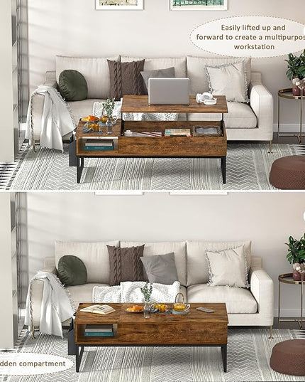 Aheaplus Lift Top Coffee Table with Storage, Wood Lifting Top Central Table Metal Frame, 43.3" Lift Tabletop Tea Table with Side Pouch, Cocktail Table Modern Pop up Adjustable Table for Living Room - LeafyLoom
