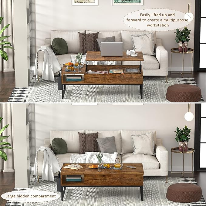 Aheaplus Lift Top Coffee Table with Storage, Wood Lifting Top Central Table Metal Frame, 43.3" Lift Tabletop Tea Table with Side Pouch, Cocktail Table Modern Pop up Adjustable Table for Living Room - LeafyLoom