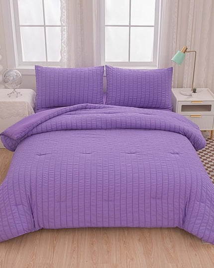 Seersucker Purple Queen Size Comforter Sets for Girls Women Boho Purple Seersucker Bedding Set & Collections 5 Pieces-Soft Lightweight Microfiber Bed Set for All Season,Queen 90''x90''… - LeafyLoom
