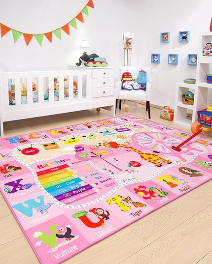 Chicrug Educational Kid Area Rug for Playroom, 4x6 Feet TPR Non Slip Kids Classroom Carpet Rug for Learning ABC Animal, Shape Color Fruit, Washable Play Mat Rug for Children Nursery Toddler Room Decor - LeafyLoom