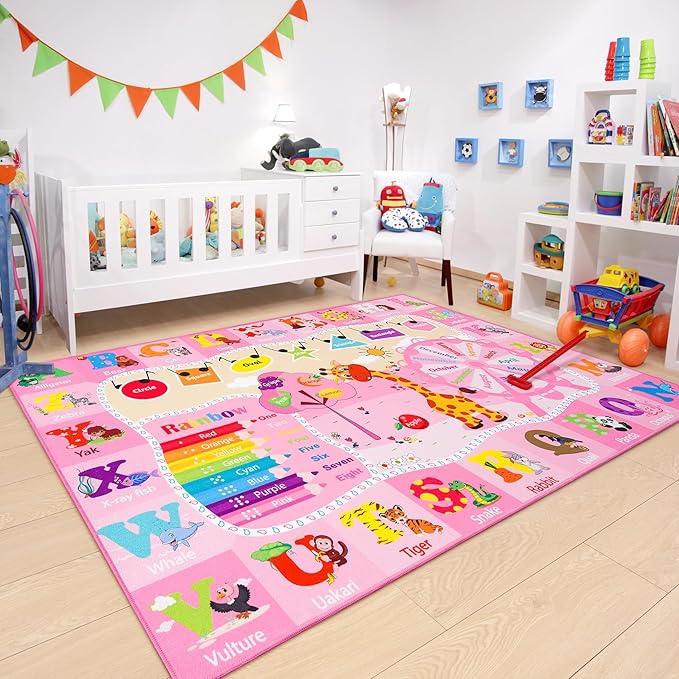 Chicrug Educational Kid Area Rug for Playroom, 4x6 Feet TPR Non Slip Kids Classroom Carpet Rug for Learning ABC Animal, Shape Color Fruit, Washable Play Mat Rug for Children Nursery Toddler Room Decor - LeafyLoom