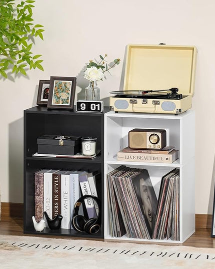 YAHARBO 2 Cube Bookshelf, White Record Player Stand with Vinyl Storage Up to 100 Albums, Horizontal Low Book Shelf, Mini Bookcase with Storage Organizer, Small Turntable Stand for Living Room, Bedroom - LeafyLoom