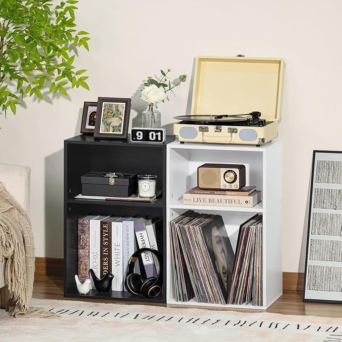 YAHARBO 2 Cube Bookshelf, White Record Player Stand with Vinyl Storage Up to 100 Albums, Horizontal Low Book Shelf, Mini Bookcase with Storage Organizer, Small Turntable Stand for Living Room, Bedroom - LeafyLoom