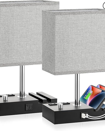 Kakanuo Fully Dimmable Bedside Lamps for Bedroom with USB C Ports, Grey USB Table Lamp Set of 2, Wooden Desk Lamp with 2 Charging Outlets and Phone Stand for Nightstand and Living Room, Bulb Included - LeafyLoom
