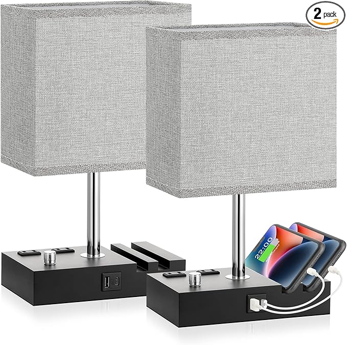 Kakanuo Fully Dimmable Bedside Lamps for Bedroom with USB C Ports, Grey USB Table Lamp Set of 2, Wooden Desk Lamp with 2 Charging Outlets and Phone Stand for Nightstand and Living Room, Bulb Included - LeafyLoom