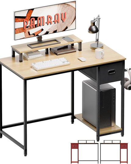 Pamray 39 Inch Computer Desk with Monitor Stand Small Home Office Desks with Non-Woven Storage Drawer for Bedroom Study Table Writing and Work Desk Walnut - LeafyLoom
